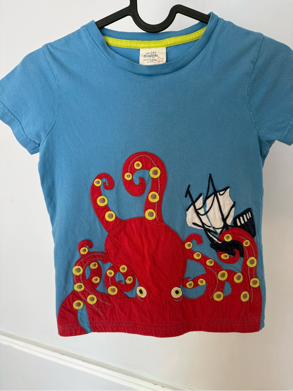 Mini Boden Blue Tee with Red Octopus and Yellow Accents
